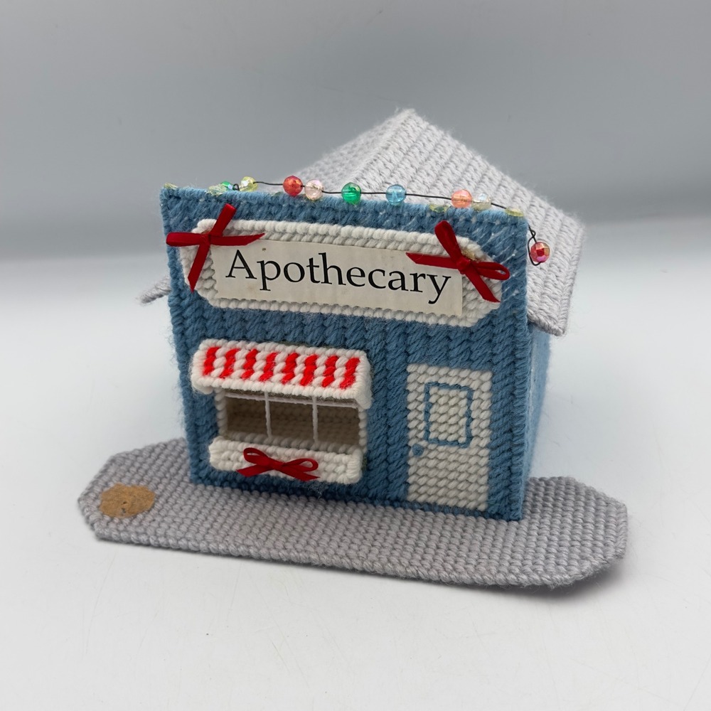 Handmade Plastic Canvas Apothecary Shop Music Box Blue Gray Beaded Garland